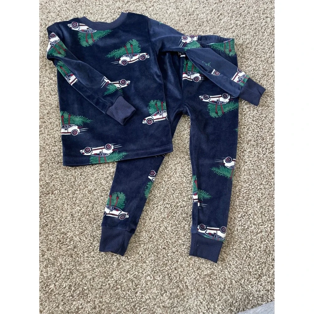 Carter's Pajama Set Kids 2T Navy Blue Excellent Christmas Car Tree Velour PJ